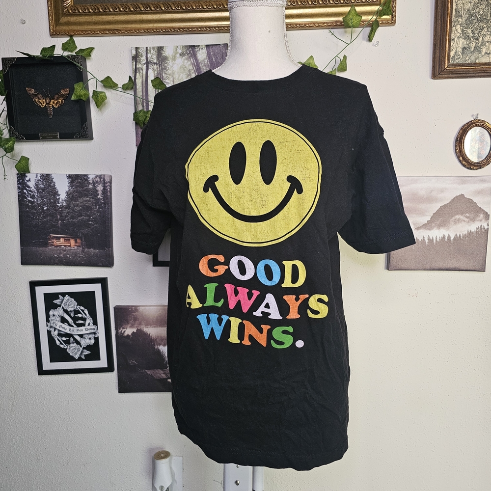 Black T-Shirt with Smiley Face and Colorful Text